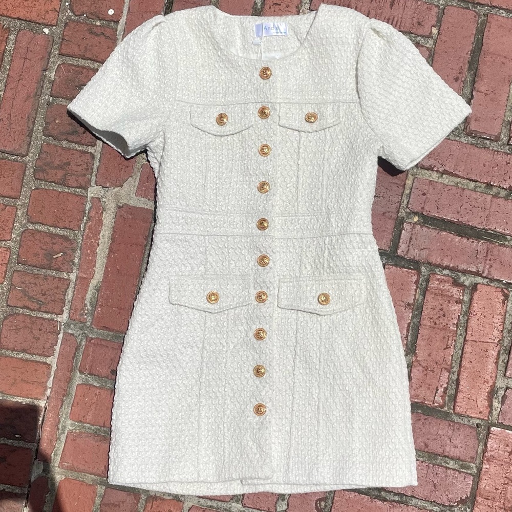 Preppy Korean style tweed white blazer dress size small w gold buttons NWT